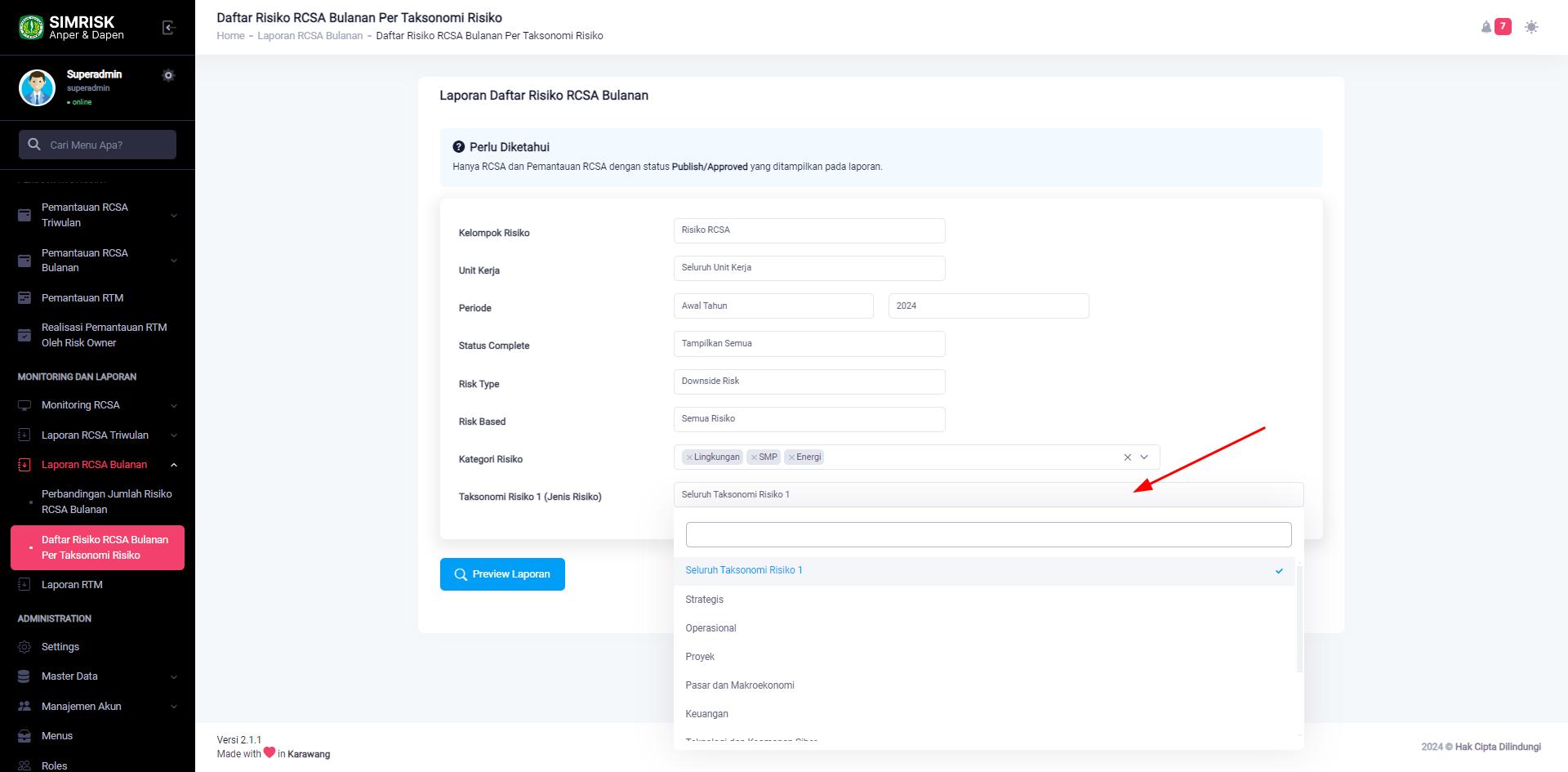 Pilih Taksonomi Risiko 1 (Jenis Risiko) pada Formulir Laporan Daftar Risiko RCSA Bulanan